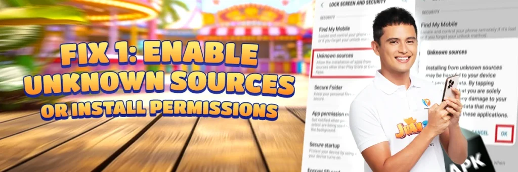 image of fix 1: enable unknown sources or install permissions